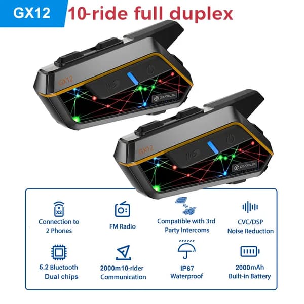 Motorcykel Bluetooth-hjälmintercom, 2000m räckvidd, musikdelning, 2PCS GX12