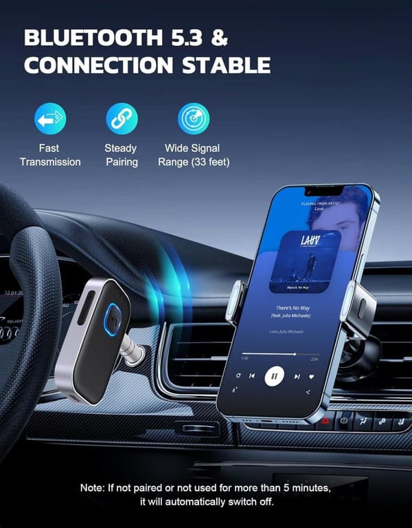 Lollanda Bil-Bluetooth-mottagare med 3,5 mm AUX – trådlös ljudadapter med brusreducering, handsfree-samtal, 16 timmars batteritid