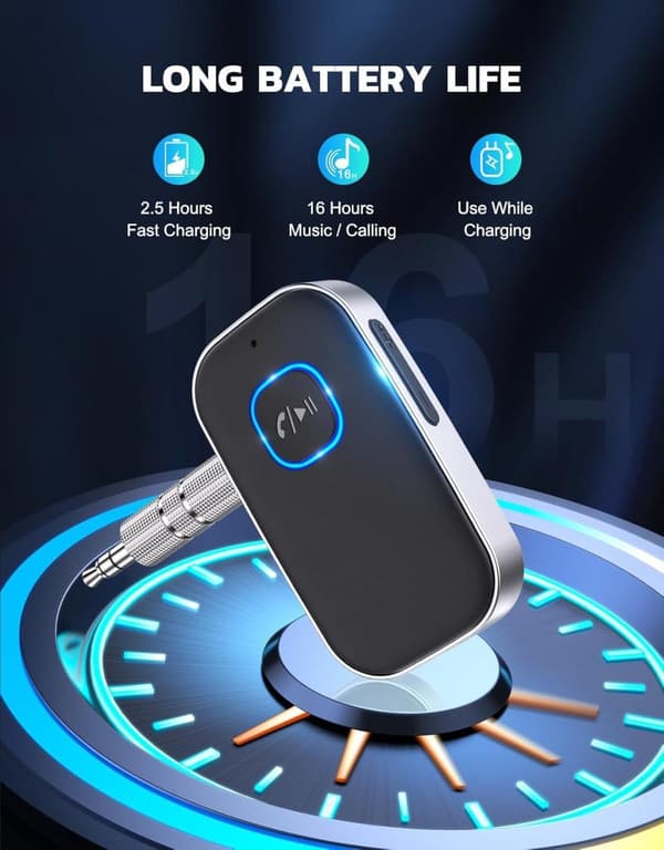 Lollanda Bil-Bluetooth-mottagare med 3,5 mm AUX – trådlös ljudadapter med brusreducering, handsfree-samtal, 16 timmars batteritid