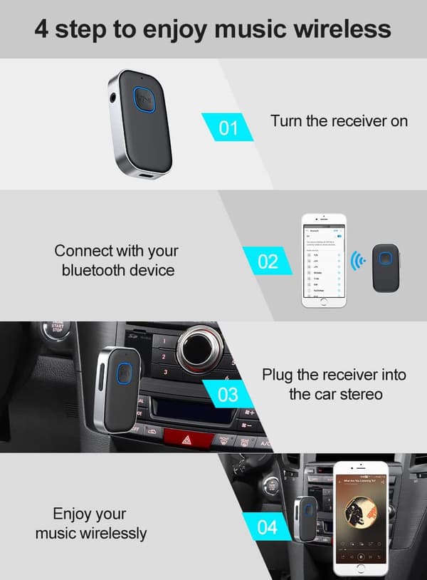 Lollanda Bil-Bluetooth-mottagare med 3,5 mm AUX – trådlös ljudadapter med brusreducering, handsfree-samtal, 16 timmars batteritid