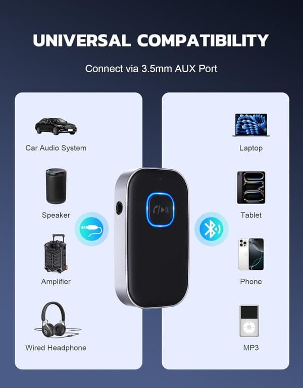 Lollanda Bil-Bluetooth-mottagare med 3,5 mm AUX – trådlös ljudadapter med brusreducering, handsfree-samtal, 16 timmars batteritid