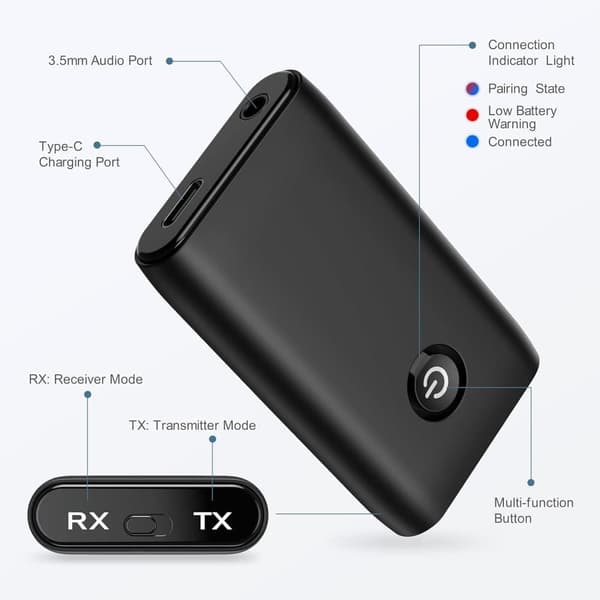 Lollanda 2-i-1 Bluetooth 5.0 Biladapter – Bærbar Sender og Modtager Til Lyd, Kompatibel Med Bærbar Computer, Radio