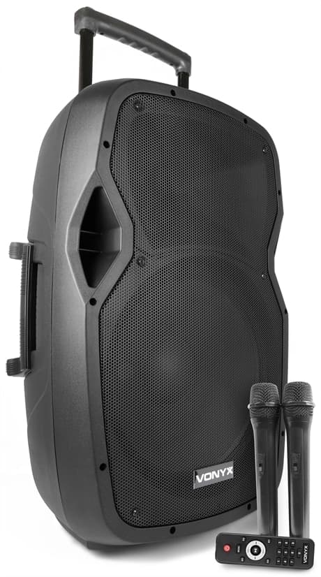 Vonyx AP1500PA mobil högtalare 15" 2 x Handhållna mikrofoner, UHF, BT