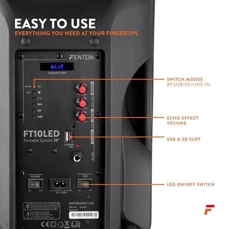 Portabel Aktiv högtalare 10” Fenton FT10LED med trådlös mikrofon och Bluetooth