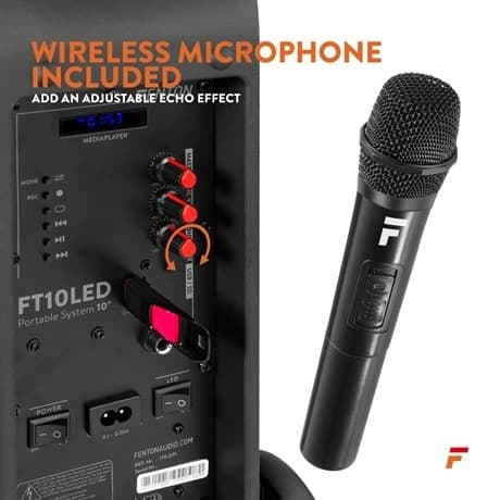 Portabel Aktiv högtalare 10” Fenton FT10LED med trådlös mikrofon och Bluetooth