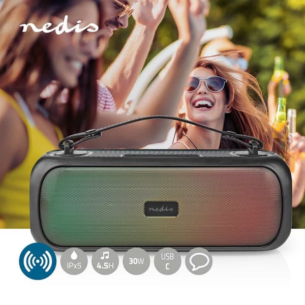 Nedis Bluetooth® Party Boombox | 4.5 timer | 2.0 | 45 W | Media avspilling: AUX / USB | IPX5 | Linkable | Bære håndtak | Party lys | Sort