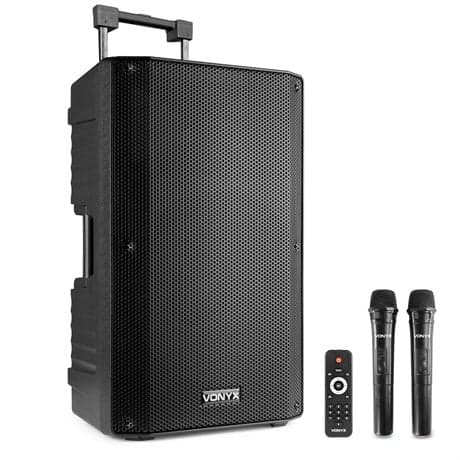 Vonyx VSA700 ABS 15" mobil högtalare med Bluetooth och 2 x trådlösa handmikrofoner Svart