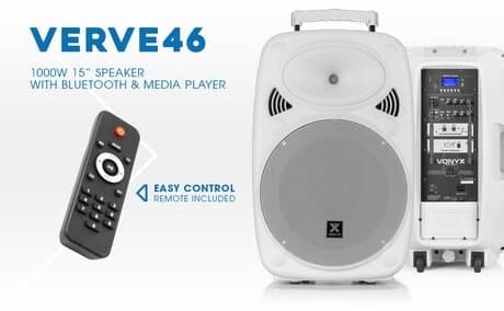 Vonyx Verve mobilt ljudsystem med Bluetooth och trådlösa mikrofoner - 1000W Peak Effekt/400W RMS- Vit