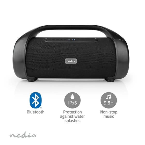 Nedis Bluetooth® Party Boombox | 9.5 timer | 2.1 | 120 W | Media avspilling: AUX / USB | IPX5 | Linkable | Bære håndtak | Party lys | Sort