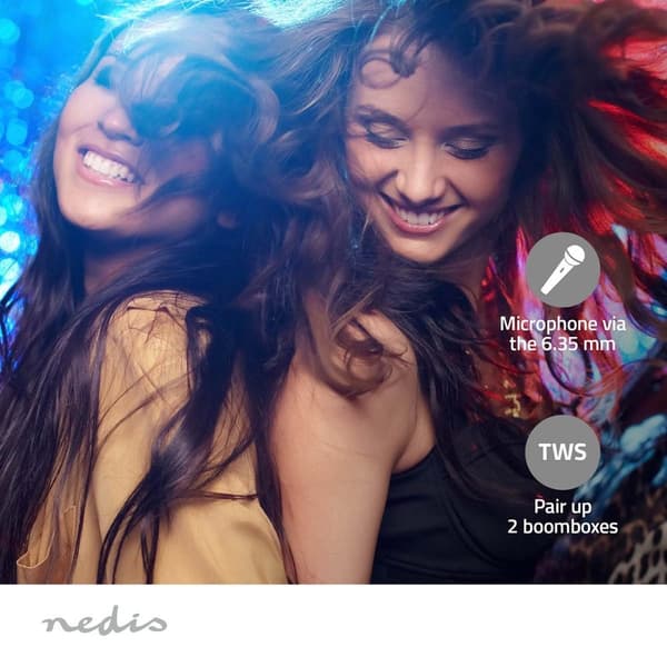Nedis Bluetooth® Party Boombox | 9.5 timer | 2.1 | 120 W | Media avspilling: AUX / USB | IPX5 | Linkable | Bære håndtak | Party lys | Sort