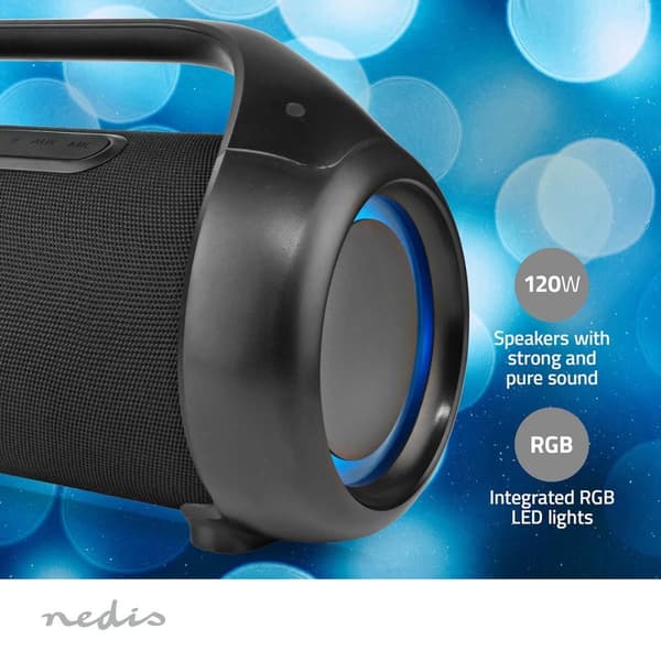 Nedis Bluetooth® Party Boombox | 9.5 timer | 2.1 | 120 W | Media avspilling: AUX / USB | IPX5 | Linkable | Bære håndtak | Party lys | Sort