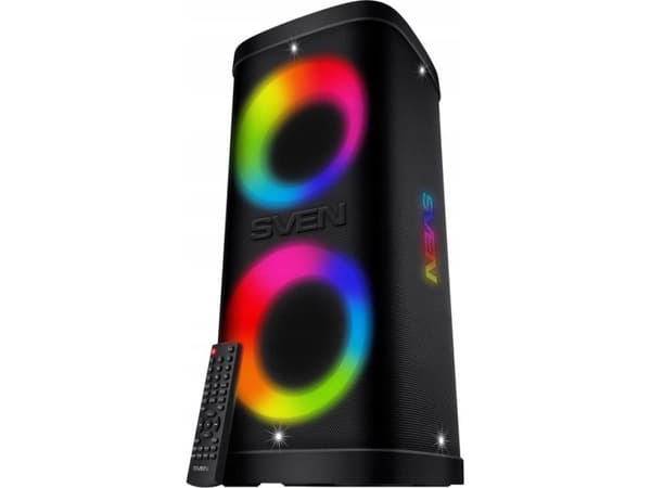 Bærbar høyttaler SVEN PS-930, svart, effekt 2x75W (RMS), TWS, Bluetooth, FM, USB, Micro SD, LED-skjerm, litiumbatteri