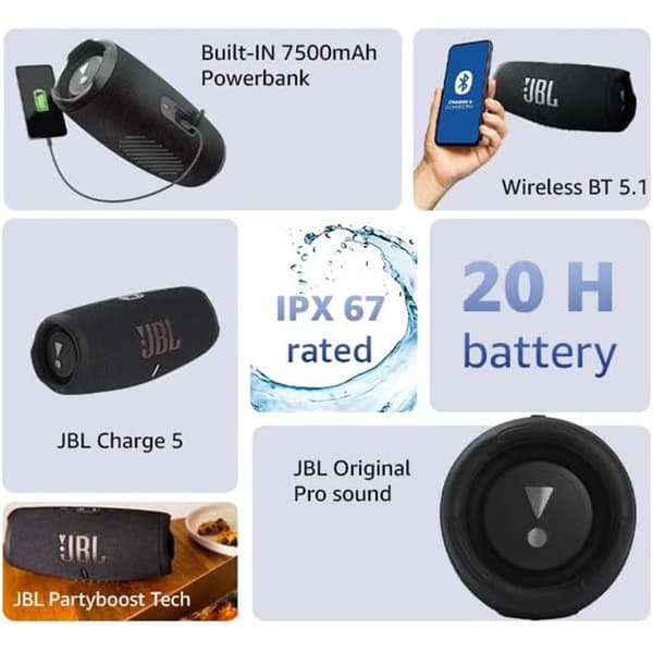 JBL Charge 5 - Bærbar Bluetooth-højttaler med Dybbas IP67 Vandtæt 20 Timers