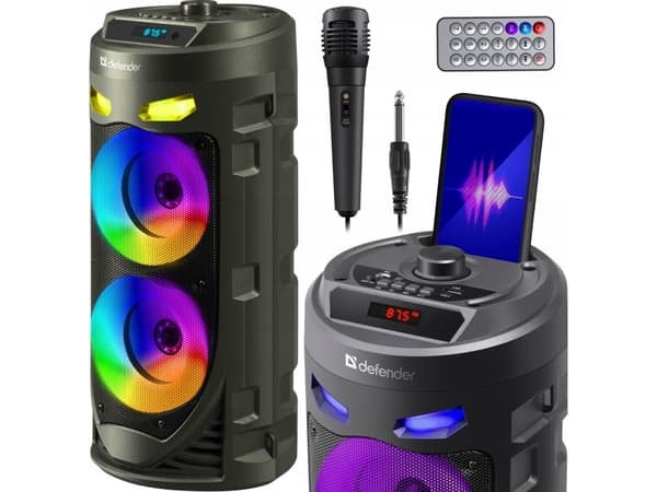 Głośnik Defender CRASHBOOM Bluetooth 16W MP3/FM/SD/USB/AUX/TWS/LED/MIC/LCD KARAOKE czarny + mikrofon + pilot