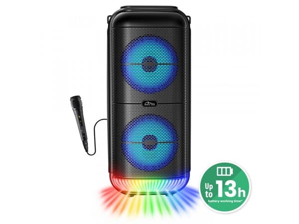 Media-Tech POWER AUDIO TWS - Kannettava Bluetooth 5.3 -kaiutin levyn taustavalolla. KARAOKE, FM-radio, MP3, 50W RMS / 900W PMPO, litiumioniakku. Mikr