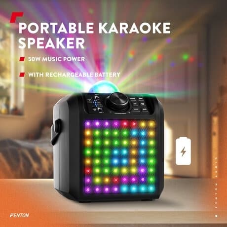 Fenton KAR55B karaoke, 2 mikrofoner - Karaoke högtalare med Bluetooth och Jelly Ball - Svart