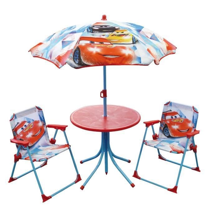 Sjove hus Disney Cars havemøbler bestående af et bord, 2 klapstole og en parasol til børn