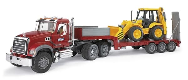 Bruder Brother MACK granitlastbil med låglyftare och JCB 4CX grävlastare (02813)