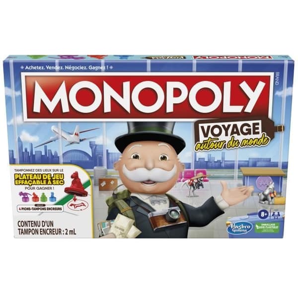 Monopolymatchen runt om i världen, sällskapsspel, från 8 år, med stämplande pjäser och en torrtavla.