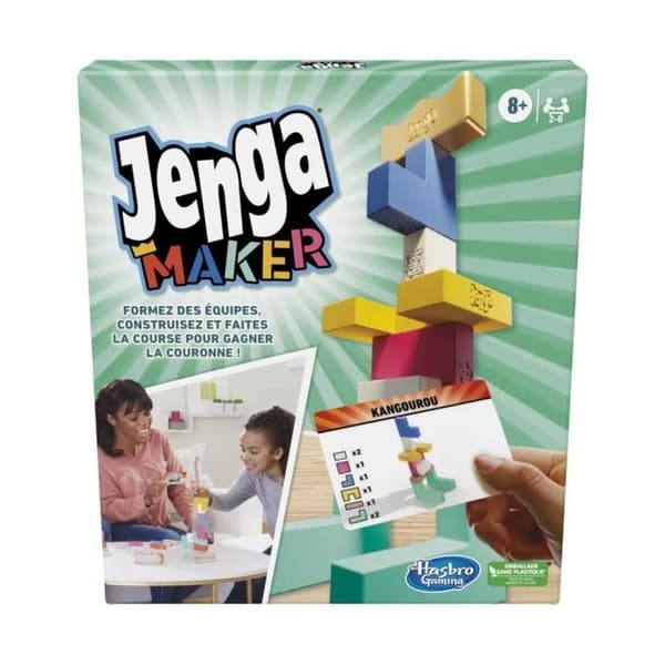 Jenga Maker, staplingstorn med äkta massiva träblock, spel för barn från 8 år och uppåt, för 2 till 6 spelare