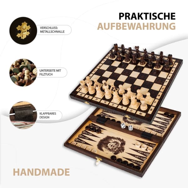 Schackspel schack backgammon damset 3 i 1 - schackbräde i trä högkvalitativt schackbräde med schackpjäser stort 35x35 cm schack med backgammon och dam