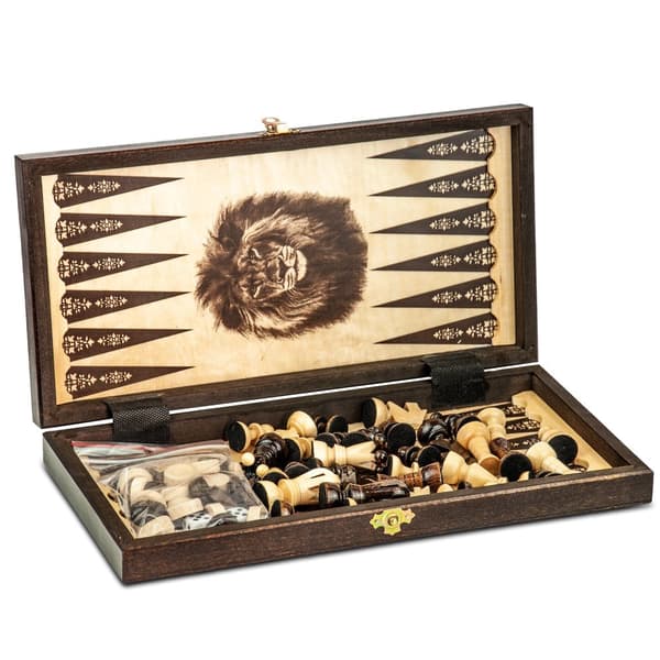 Schackspel schack backgammon damset 3 i 1 - schackbräde i trä högkvalitativt schackbräde med schackpjäser stort 35x35 cm schack med backgammon och dam
