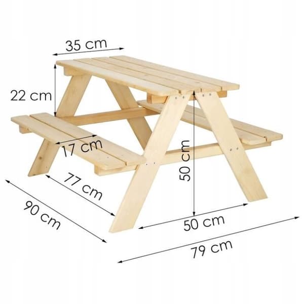 SPRINGOS® picknickbord för barn - Massivt trä - 90 x 79 x 50 cm - Vit - Naturligt - Barn