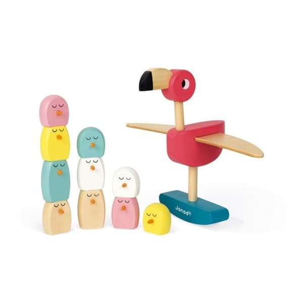 JANOD balanseringsspel med rosa flamingo i trä - från 3 år och uppåt