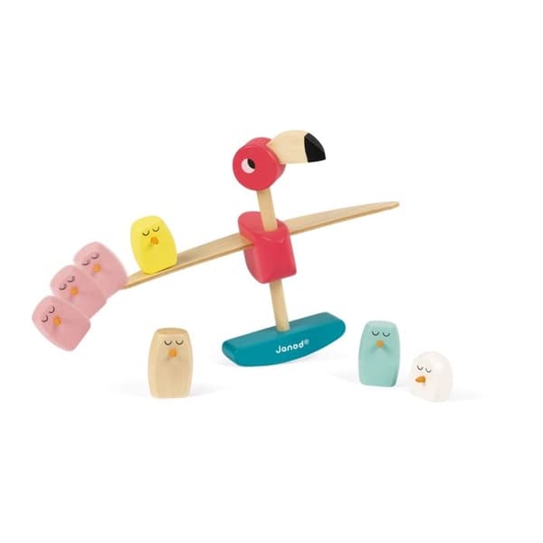 JANOD balanseringsspel med rosa flamingo i trä - från 3 år och uppåt