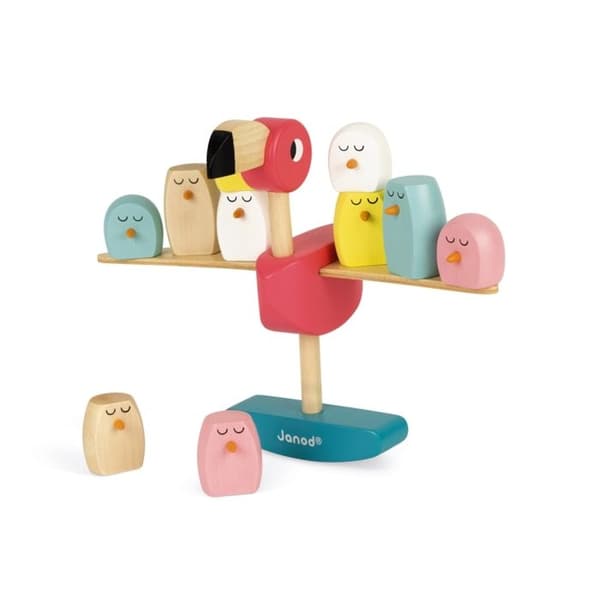 JANOD balanseringsspel med rosa flamingo i trä - från 3 år och uppåt