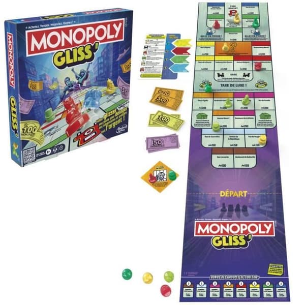 Monopol Gliss', familjegruppspel för barn, tonåringar och vuxna, från 8 år, 2 till 8 spelare, 20 minuter i genomsnitt, spel