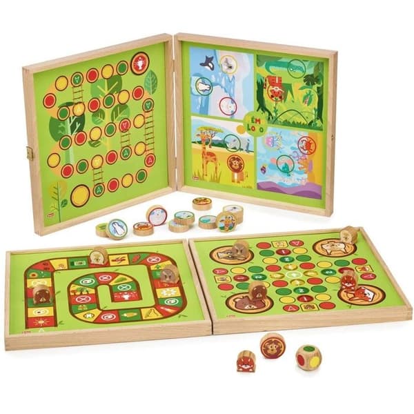 Spellåda i trä - Jeujura - Min första låda - 4 traditionella spel - Från 2 år - Blandat