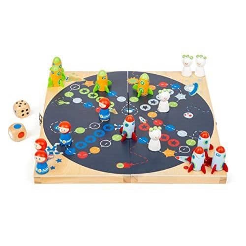 Small Foot 11452 Ludo Space, Wooden, Travel Company, med 2 olika tärningar, Family Toys Game, Multicolour 11452