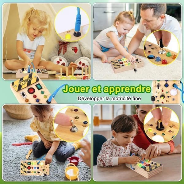 Busy Board Montessori - Trä - Med LED-switch - Sensorisk utveckling - Pedagogisk leksak - 24 månader+