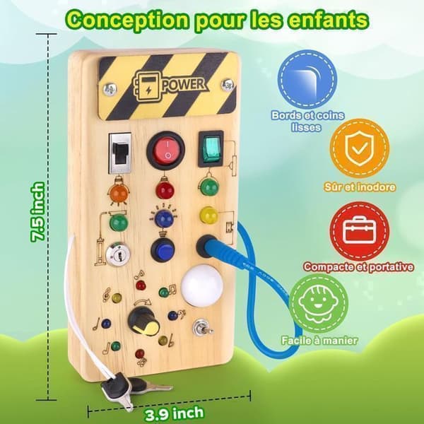 Busy Board Montessori - Trä - Med LED-switch - Sensorisk utveckling - Pedagogisk leksak - 24 månader+