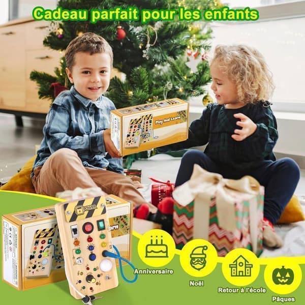 Busy Board Montessori - Trä - Med LED-switch - Sensorisk utveckling - Pedagogisk leksak - 24 månader+