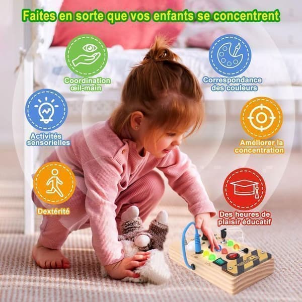 Busy Board Montessori - Trä - Med LED-switch - Sensorisk utveckling - Pedagogisk leksak - 24 månader+