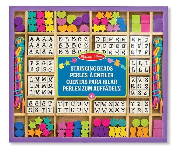 Träpärlor satt till tråd - MELISSA &amp; DOUG - Box med 200 pärlor - Färgglada bokstäver och former