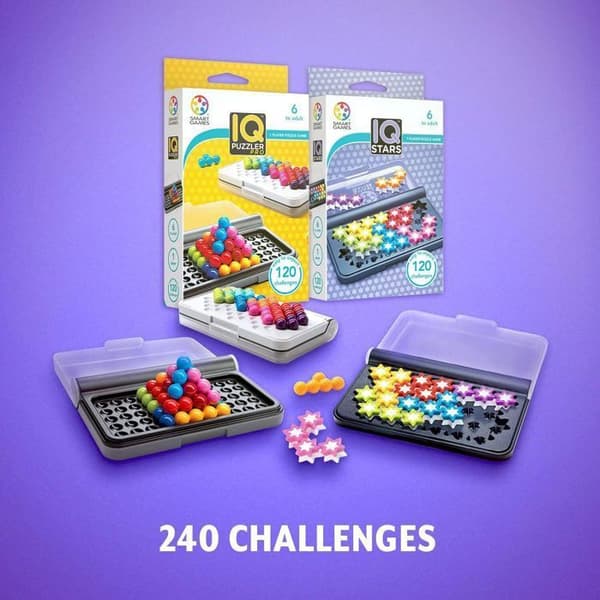 IQ Puzzler Pro + IQ Stars - Pussel för barn 6 år - Brädspel för barn 6 år - Brädspel för barn - 240 utmaningar - Resespel