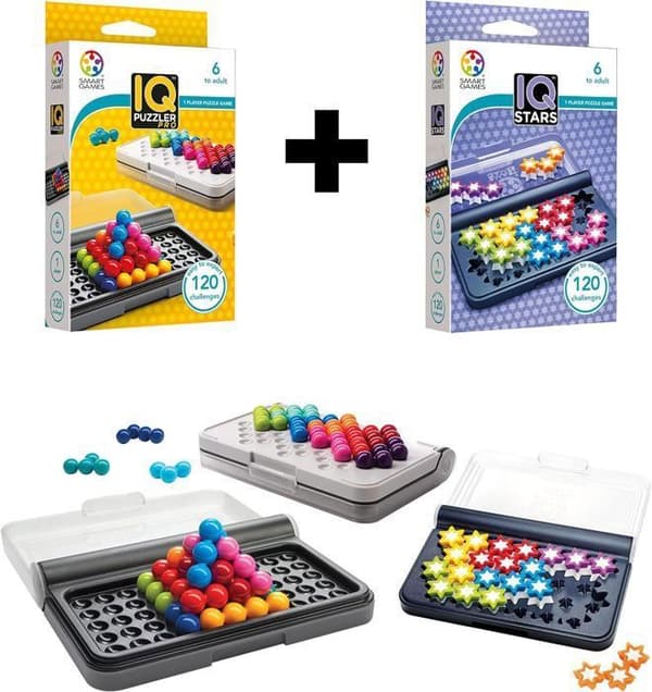 IQ Puzzler Pro + IQ Stars - Pussel för barn 6 år - Brädspel för barn 6 år - Brädspel för barn - 240 utmaningar - Resespel