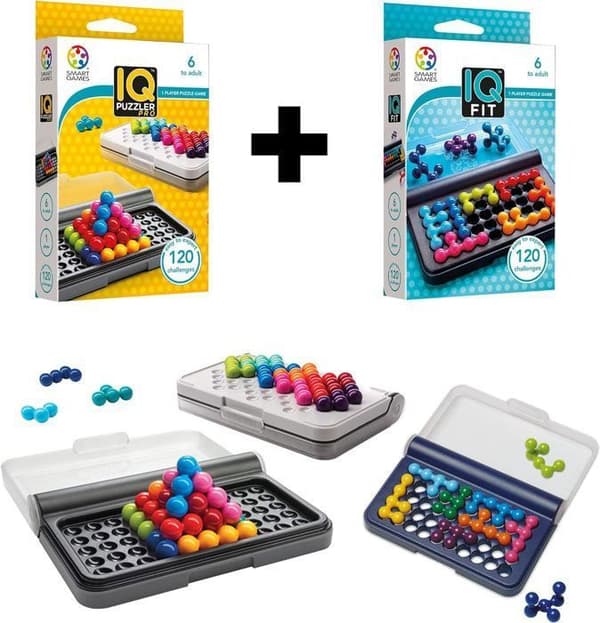 IQ Puzzler Pro + IQ Fit - Brädspel för barn 6 år - Pussel för barn 6 år - Brädspel för barn - 240 utmaningar - Resespel