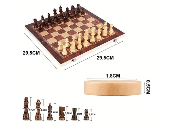 Schackspel dam triktrak stor trä 3in1