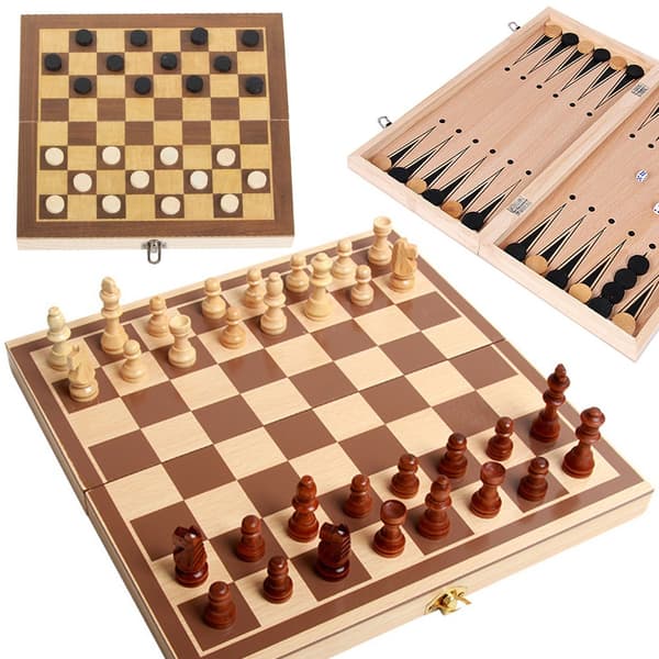 Schackspel dam triktrak stor trä 3in1