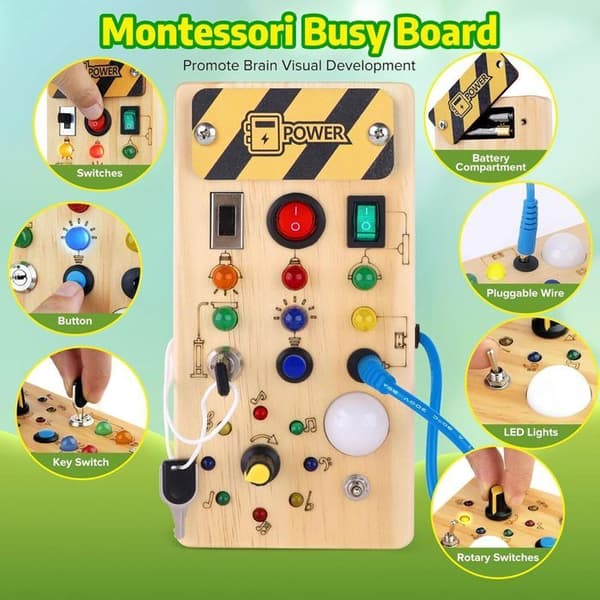 Montessori Busy Board i trä - Montessori aktivitetstavla - LED - Reseaktivitet och pedagogisk leksak för finmotorik
