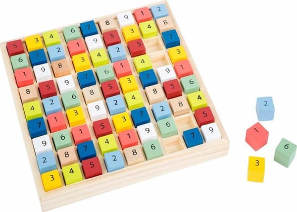 liten fot 11164 Färgglad Sudoku "Educate" i trä, med 81 numrerade kuber i klara färger, från 6 år. 11164