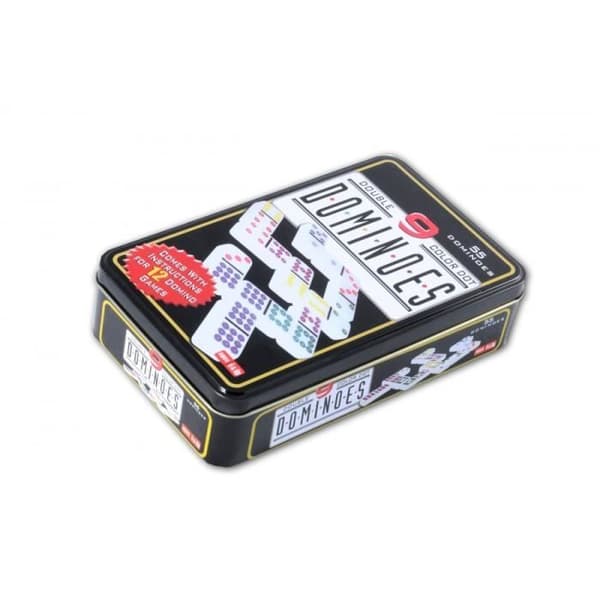 Double 9 Colorful Dominoes Game - ENGELHART - Metal Box - 55 Domino - Regler ingår