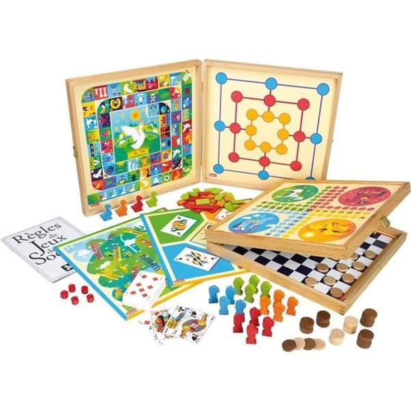 JEUJURA Classic Games Box - 80 regler - Träbönder