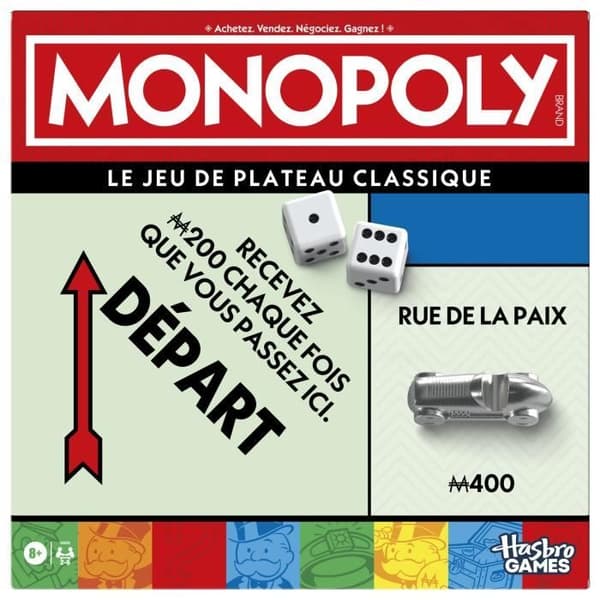 Klassiskt Monopol, brädspel, med förvaringsbox och stora bönder, 2 till 6 spelare, FR-version, från 8 år,