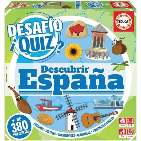 Educa Borrás Desafío Quiz Descubrir España, Juego de mesa familiar de 380 preguntas de historia, tra