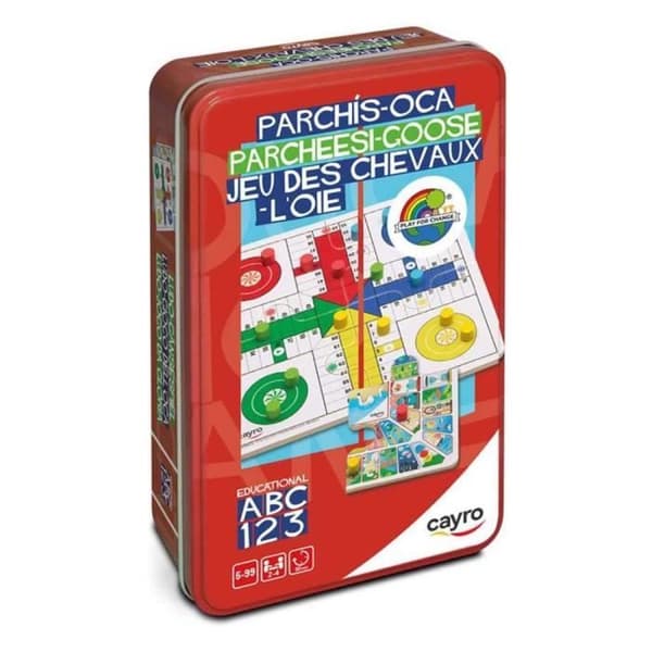 Cayro Parcheesi and Goose brädspel för barn och vuxna - Metalllåda - Träskiva - från 5 år och uppåt